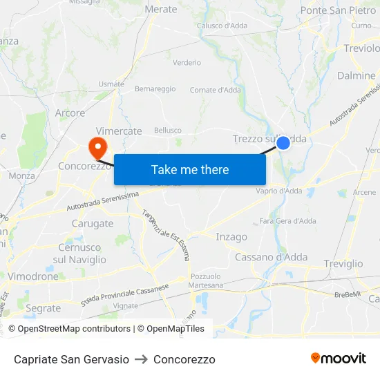 Capriate San Gervasio to Concorezzo map
