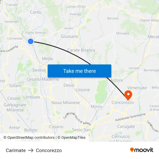 Carimate to Concorezzo map