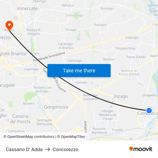 Cassano D'Adda to Concorezzo map