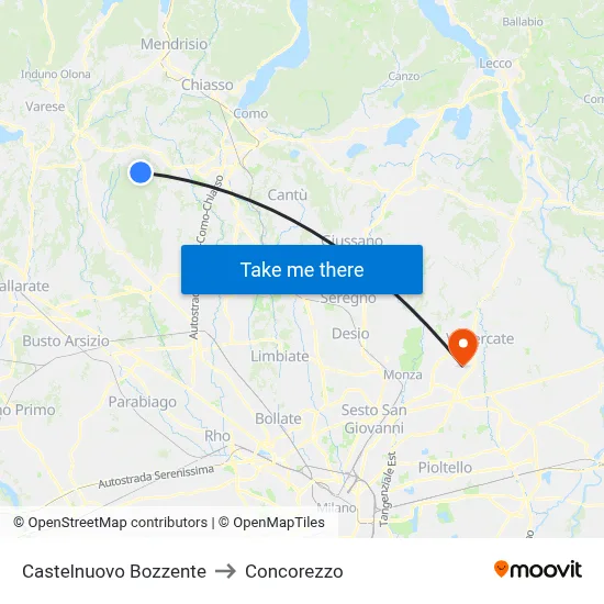 Castelnuovo Bozzente to Concorezzo map