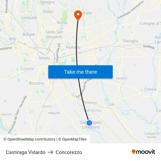 Castiraga Vidardo to Concorezzo map