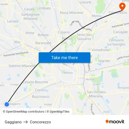Gaggiano to Concorezzo map