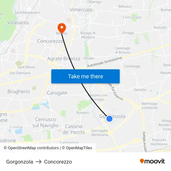 Gorgonzola to Concorezzo map