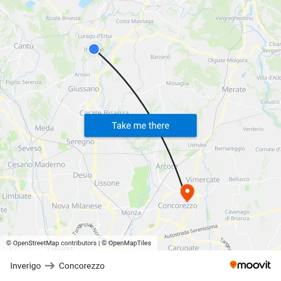 Inverigo to Concorezzo map