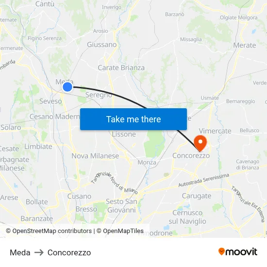 Meda to Concorezzo map