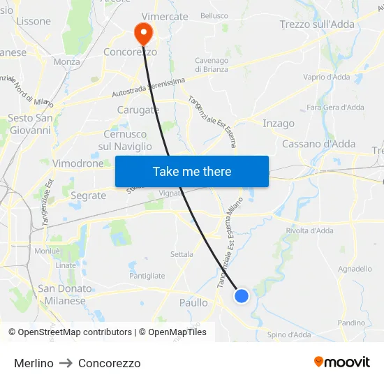 Merlino to Concorezzo map