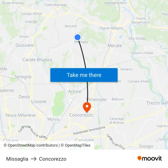 Missaglia to Concorezzo map