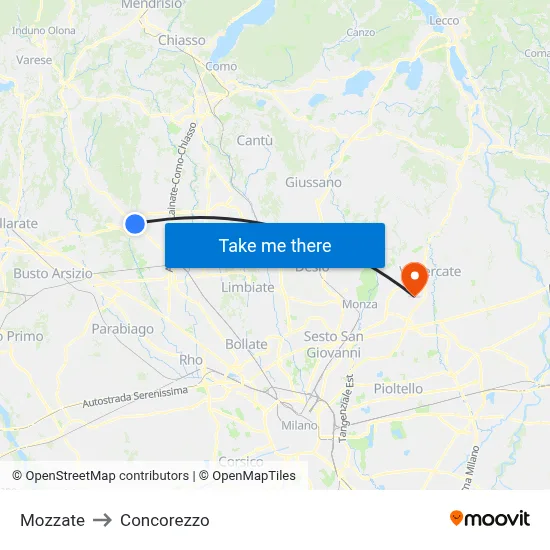Mozzate to Concorezzo map