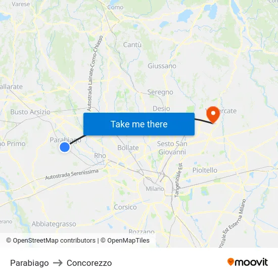 Parabiago to Concorezzo map