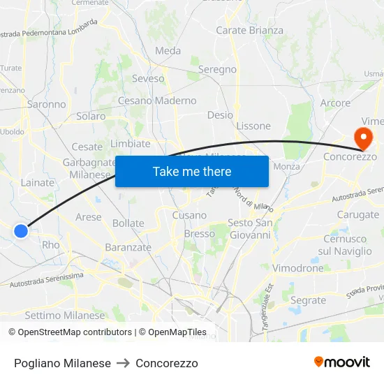 Pogliano Milanese to Concorezzo map