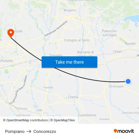 Pompiano to Concorezzo map