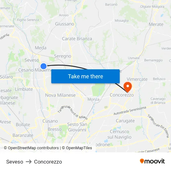 Seveso to Concorezzo map