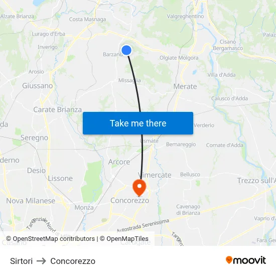 Sirtori to Concorezzo map