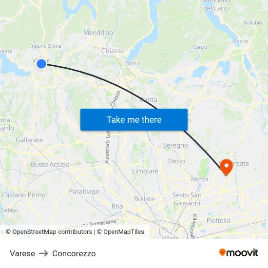 Varese to Concorezzo map