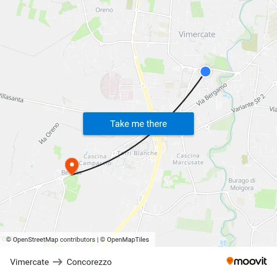 Vimercate to Concorezzo map