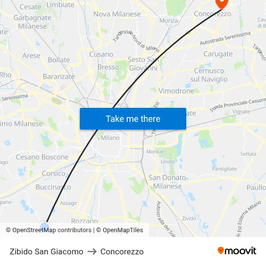 Zibido San Giacomo to Concorezzo map