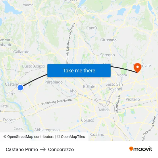 Castano Primo to Concorezzo map