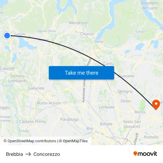 Brebbia to Concorezzo map