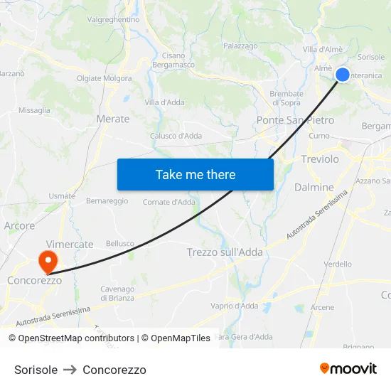 Sorisole to Concorezzo map