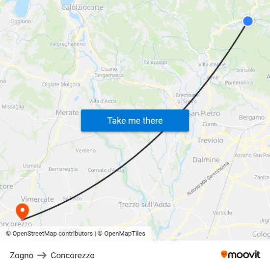 Zogno to Concorezzo map