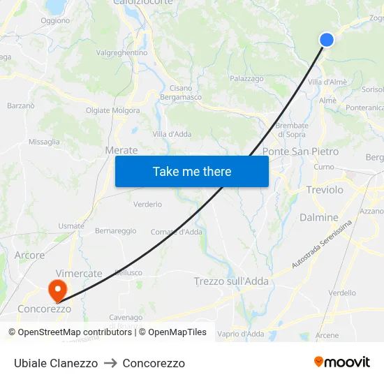 Ubiale Clanezzo to Concorezzo map