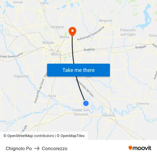 Chignolo Po to Concorezzo map