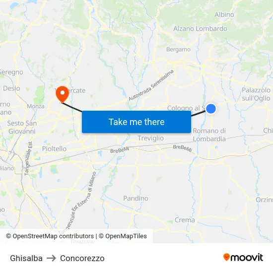 Ghisalba to Concorezzo map