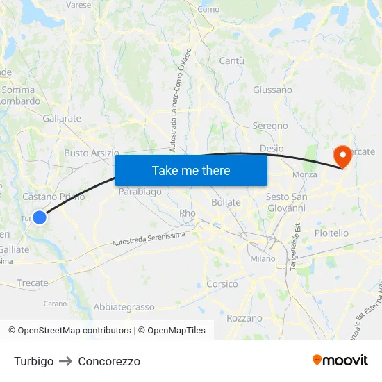 Turbigo to Concorezzo map
