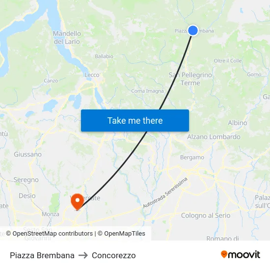 Piazza Brembana to Concorezzo map