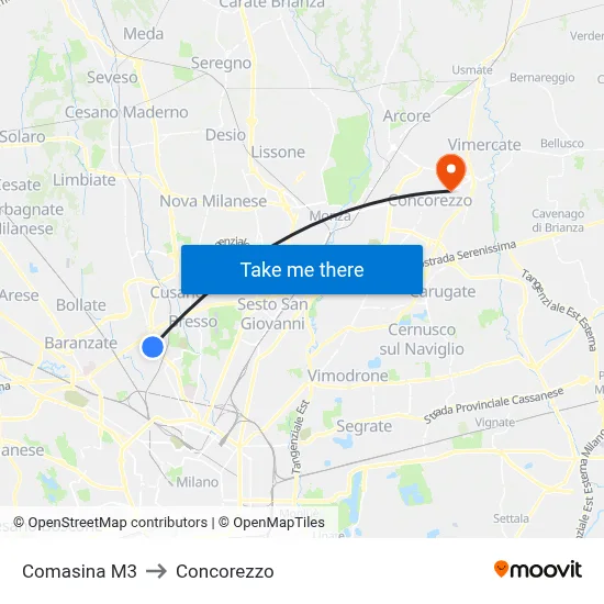 Comasina M3 to Concorezzo map