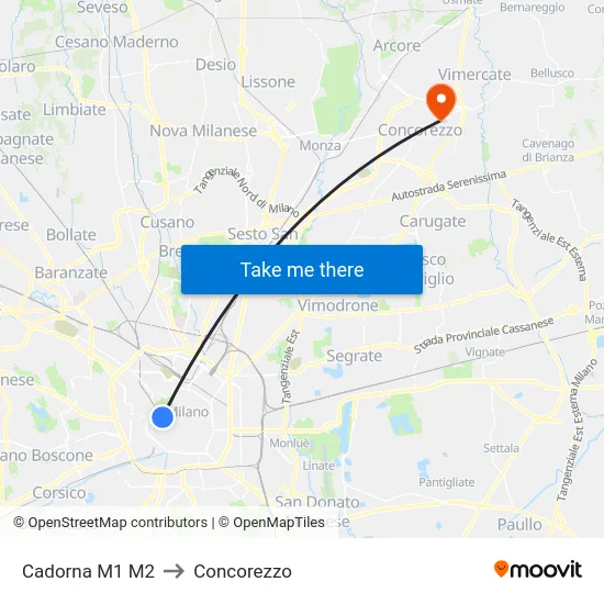 Cadorna M1 M2 to Concorezzo map