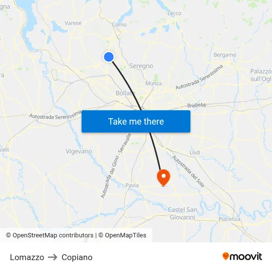 Lomazzo to Copiano map
