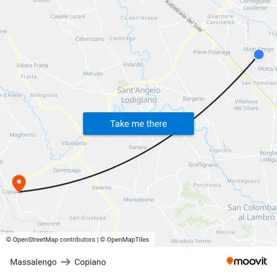 Massalengo to Copiano map
