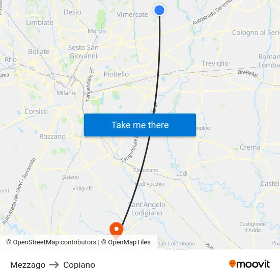 Mezzago to Copiano map