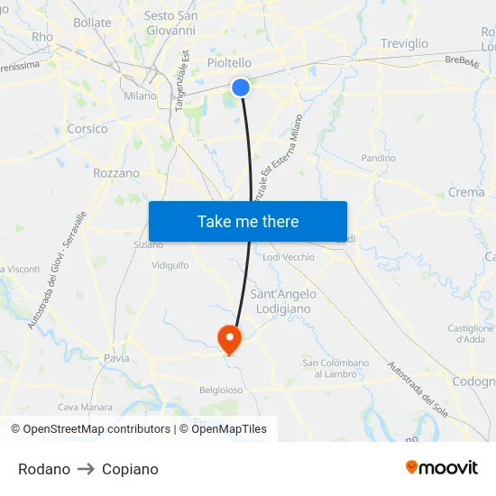 Rodano to Copiano map