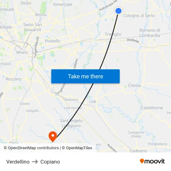 Verdellino to Copiano map