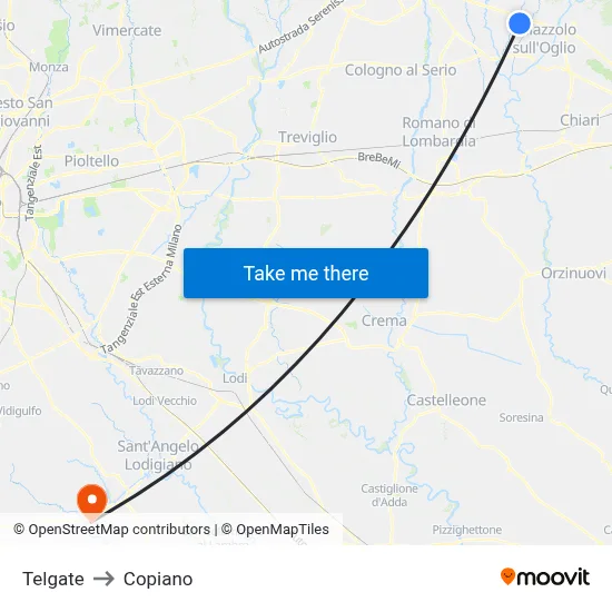 Telgate to Copiano map