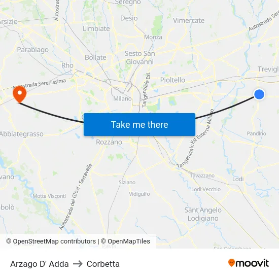 Arzago d'Adda to Corbetta map