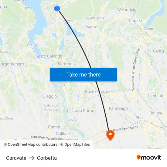 Caravate to Corbetta map