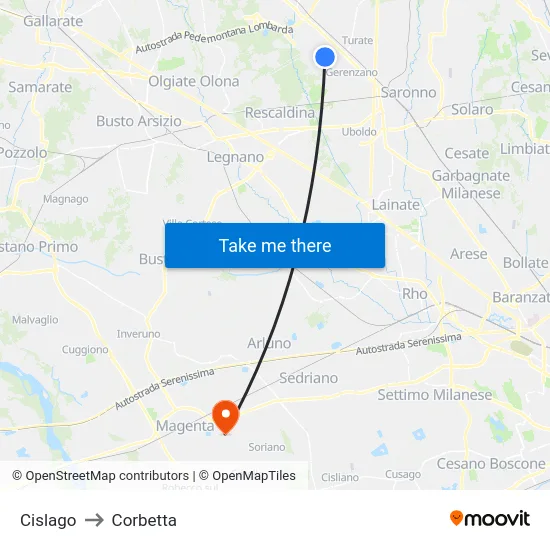Cislago to Corbetta map