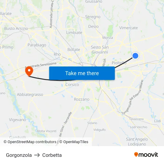 Gorgonzola to Corbetta map