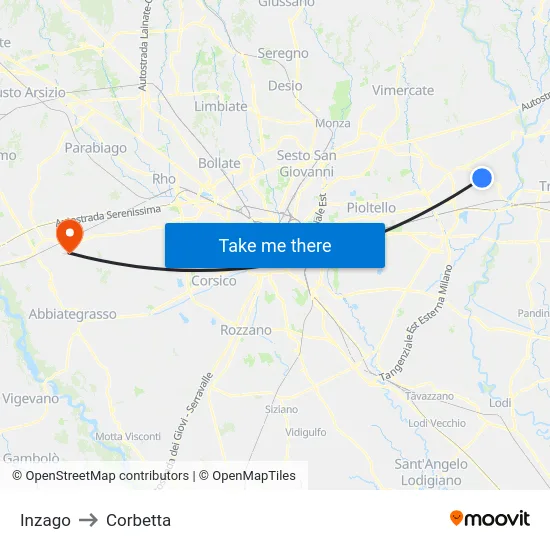 Inzago to Corbetta map