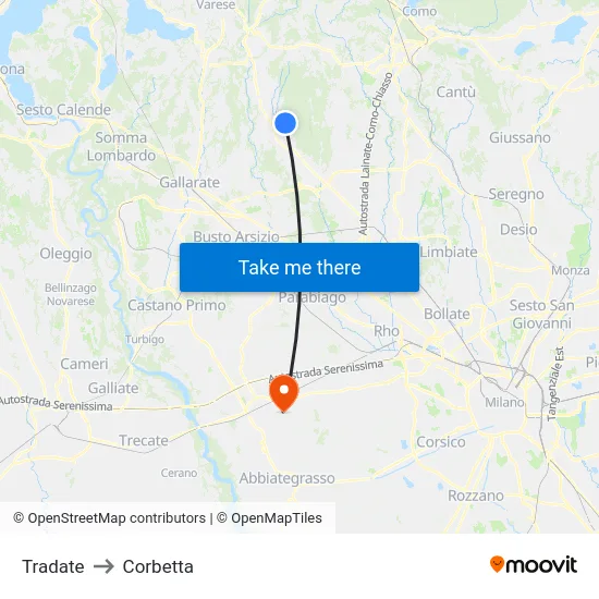 Tradate to Corbetta map