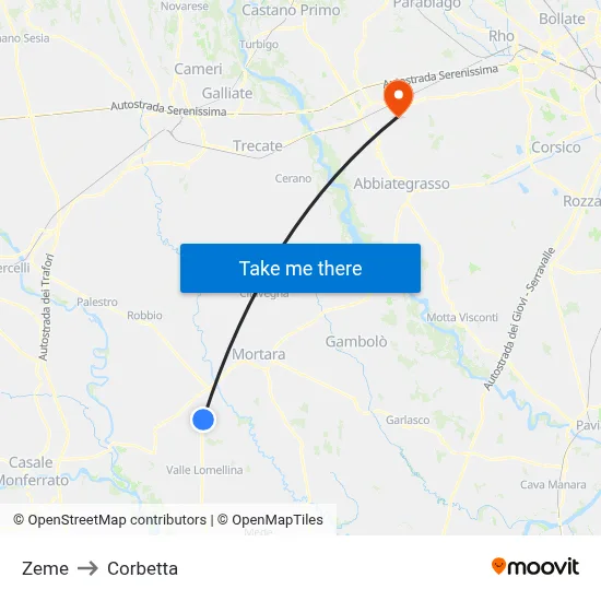 Zeme to Corbetta map