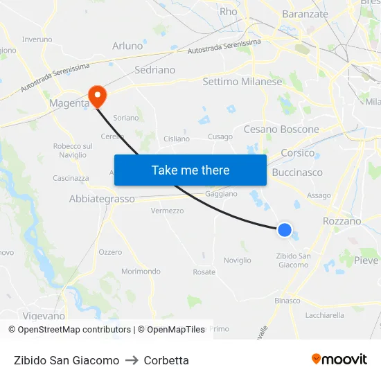 Zibido San Giacomo to Corbetta map
