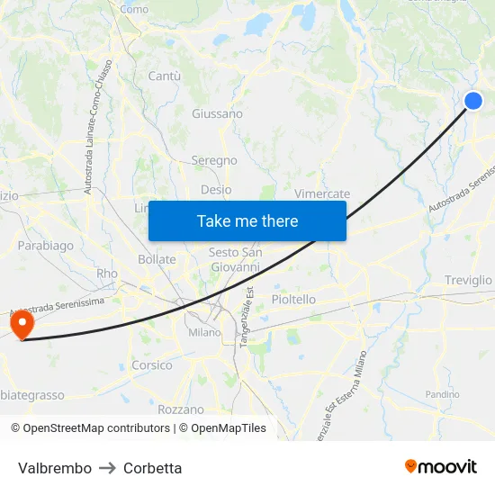Valbrembo to Corbetta map