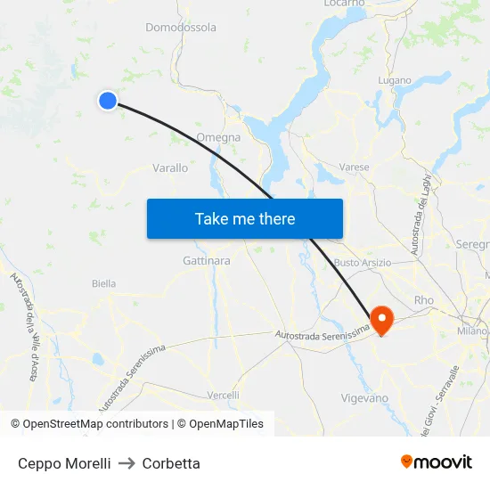 Ceppo Morelli to Corbetta map