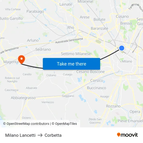 Milano Lancetti to Corbetta map