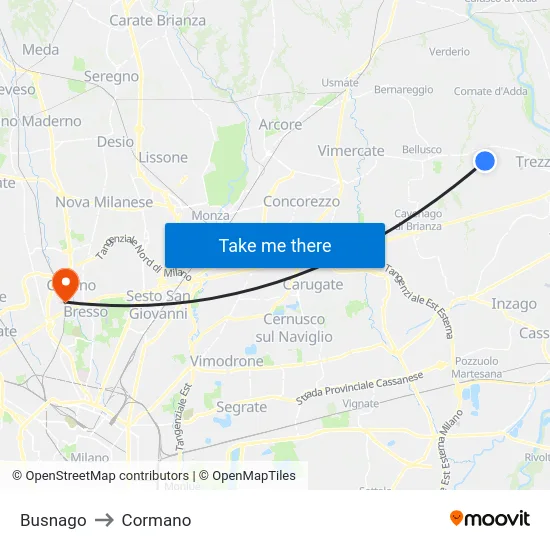 Busnago to Cormano map