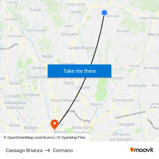 Cassago Brianza to Cormano map